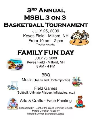 3 rd Annual MSBL 3 on 3 Basketball Tournament JULY 25, 2009 Keyes Field - Milford, NH