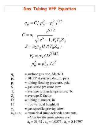 q g 	= surface gas rate, Mscf/D p w 	= BHFP at surface datum, psia