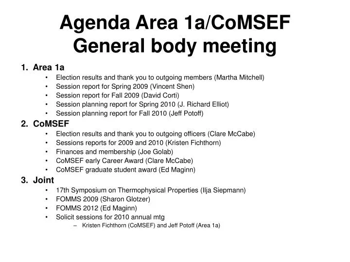 agenda area 1a comsef general body meeting