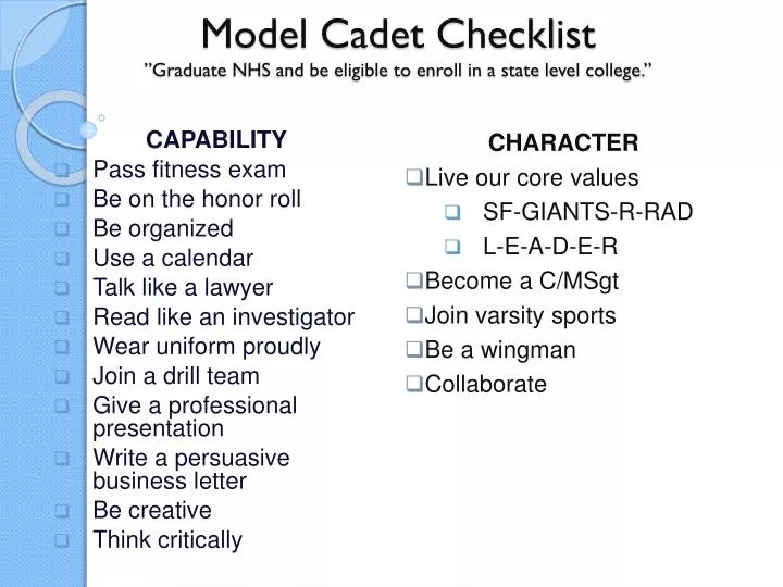 model cadet checklist graduate nhs and be eligible to enroll in a state level college