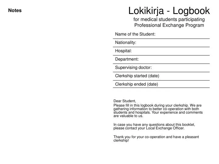 lokikirja logbook for medical students participating professional exchange program