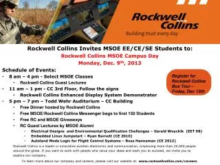 Rockwell Collins Invites MSOE EE/CE/SE Students to: Rockwell Collins MSOE Campus Day