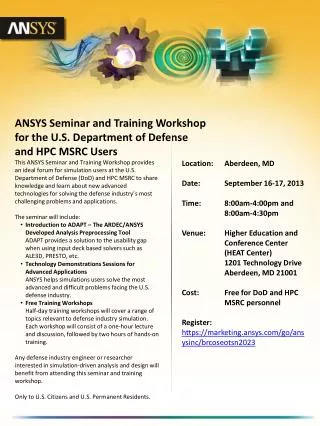 ANSYS Seminar and Training Workshop for the U.S. Department of Defense and HPC MSRC Users