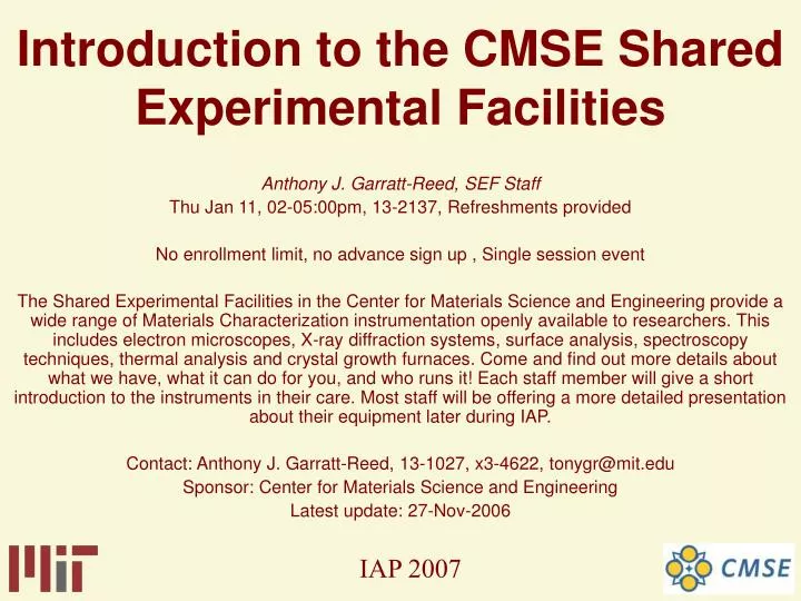 introduction to the cmse shared experimental facilities