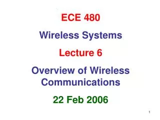 ECE 480 Wireless Systems Lecture 6 Overview of Wireless Communications 22 Feb 2006