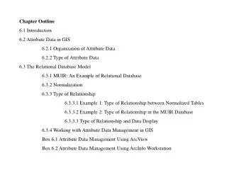 Chapter Outline 6.1 Introduction 6.2 Attribute Data in GIS 	6.2.1 Organization of Attribute Data
