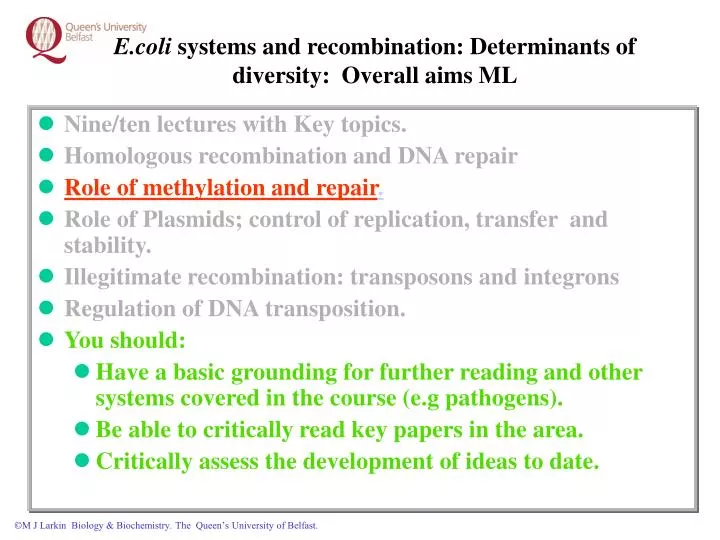 e coli systems and recombination determinants of diversity overall aims ml