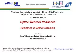 Optical Network Resilience Resilience in GMPLS Networks