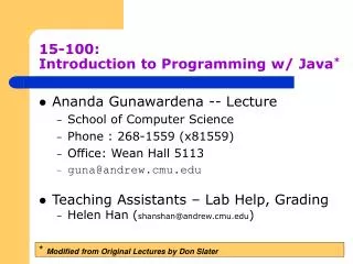 15-100:	 Introduction to Programming w/ Java *