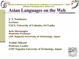 S. T. Nandasara Lecturer USCS, University of Colombo, Sri Lanka Ashu Marasinghe