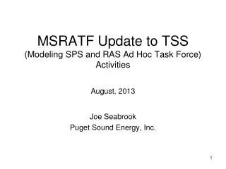 MSRATF Update to TSS (Modeling SPS and RAS Ad Hoc Task Force) Activities August, 2013