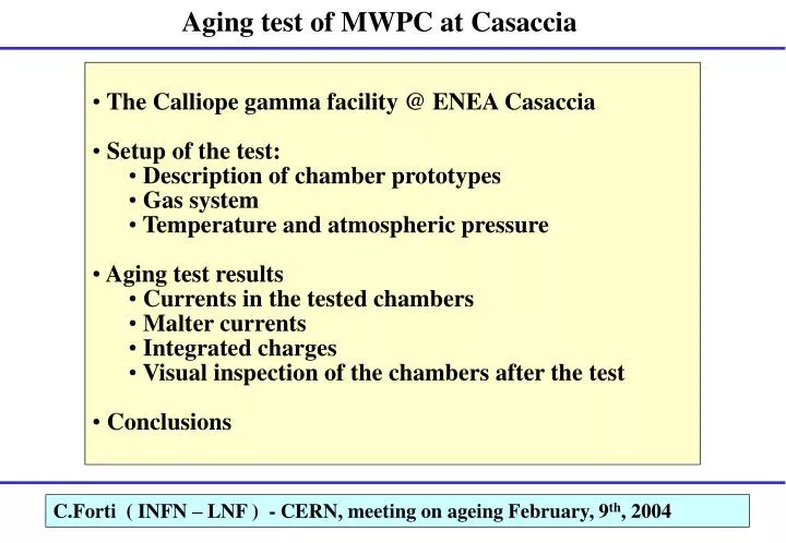 aging test of mwpc at casaccia