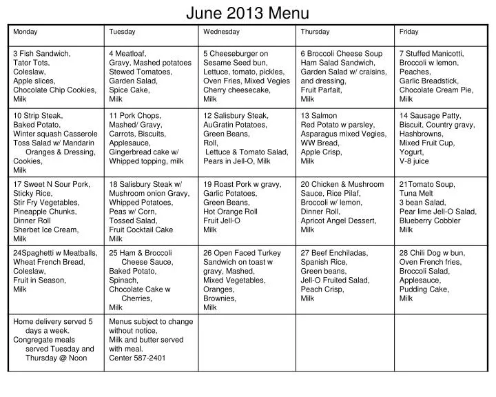 june 2013 menu