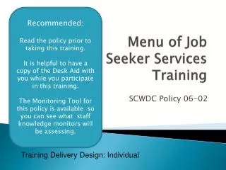 Menu of Job Seeker Services Training