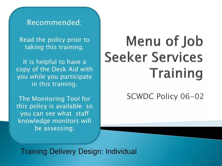 menu of job seeker services training