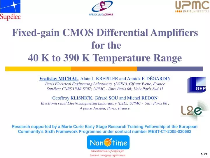 fixed gain cmos differential amplifiers for the 40 k to 390 k temperature range