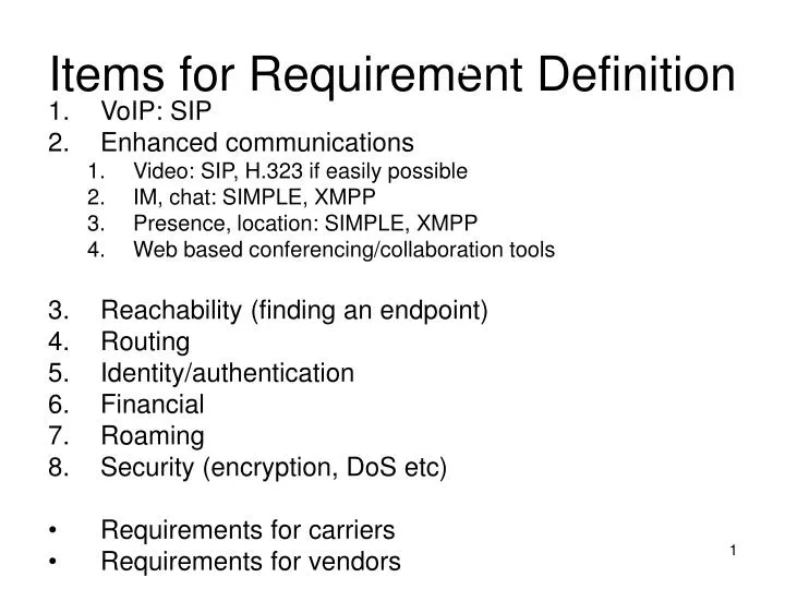 items for requirement definition