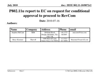 P802.11u report to EC on request for conditional approval to proceed to RevCom