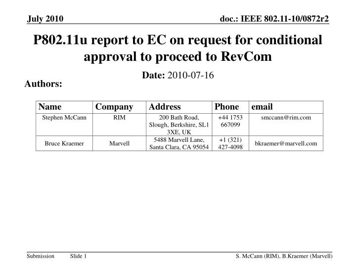 p802 11u report to ec on request for conditional approval to proceed to revcom