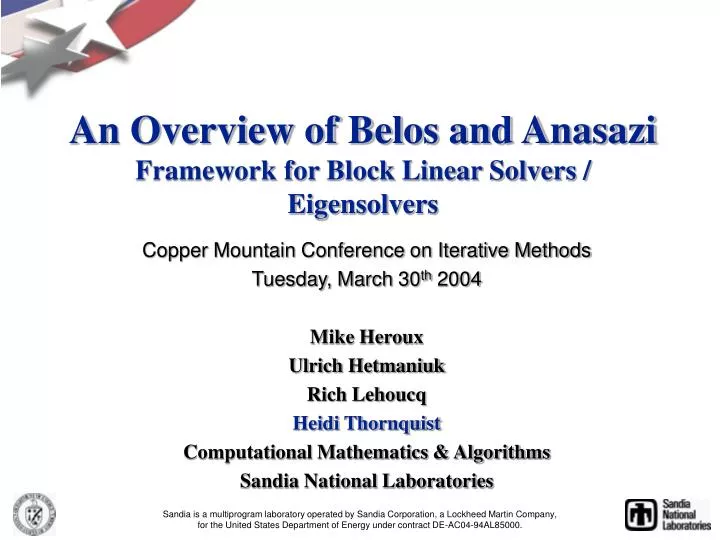 an overview of belos and anasazi framework for block linear solvers eigensolvers