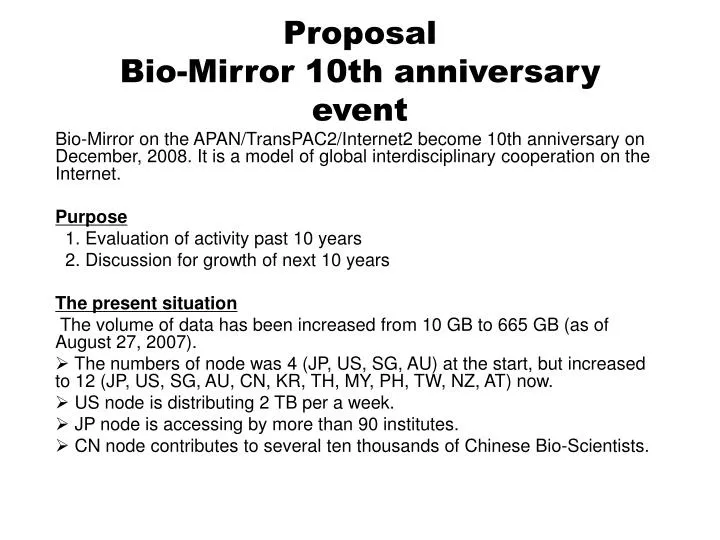 proposal bio mirror 10th anniversary event
