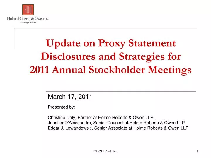 update on proxy statement disclosures and strategies for 2011 annual stockholder meetings