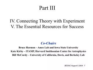 Part III IV. Connecting Theory with Experiment V. The Essential Resources for Success