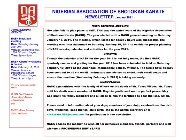nigerian association of shotokan karate newsletter january 2011