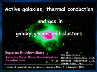 Active galaxies, thermal conduction and gas in galaxy groups and clusters