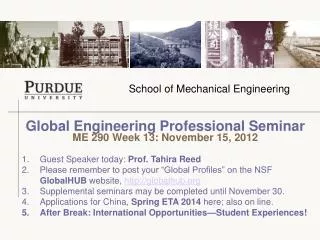 Global Engineering Professional Seminar ME 290 Week 13: November 15, 2012
