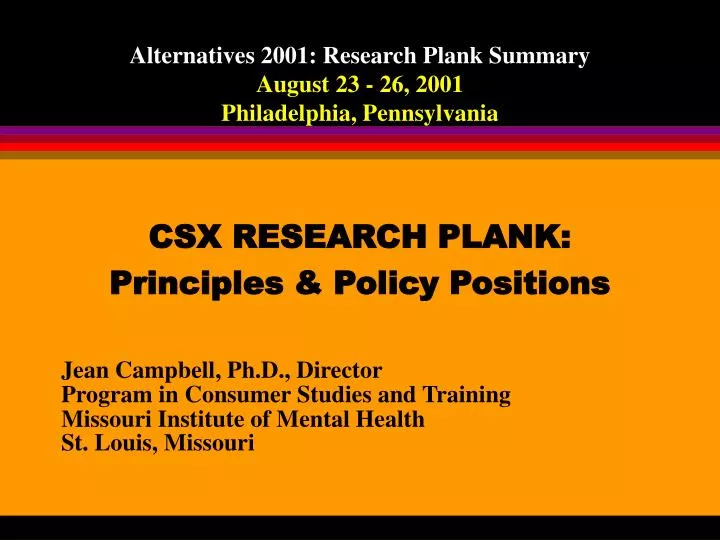 alternatives 2001 research plank summary august 23 26 2001 philadelphia pennsylvania