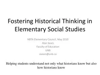 Fostering Historical Thinking in Elementary Social Studies