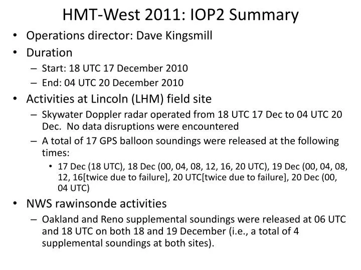 hmt west 2011 iop2 summary