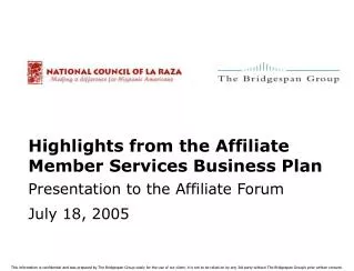 Highlights from the Affiliate Member Services Business Plan