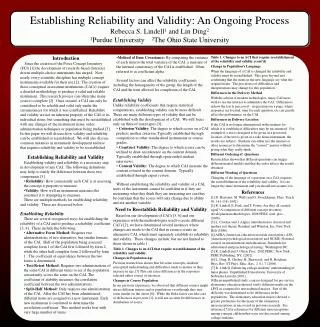 Establishing Reliability and Validity: An Ongoing Process Rebecca S. Lindell 1 and Lin Ding 2