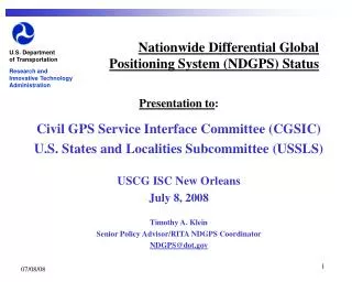 Nationwide Differential Global Positioning System (NDGPS) Status