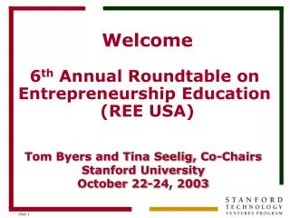 Welcome 6 th Annual Roundtable on Entrepreneurship Education (REE USA)