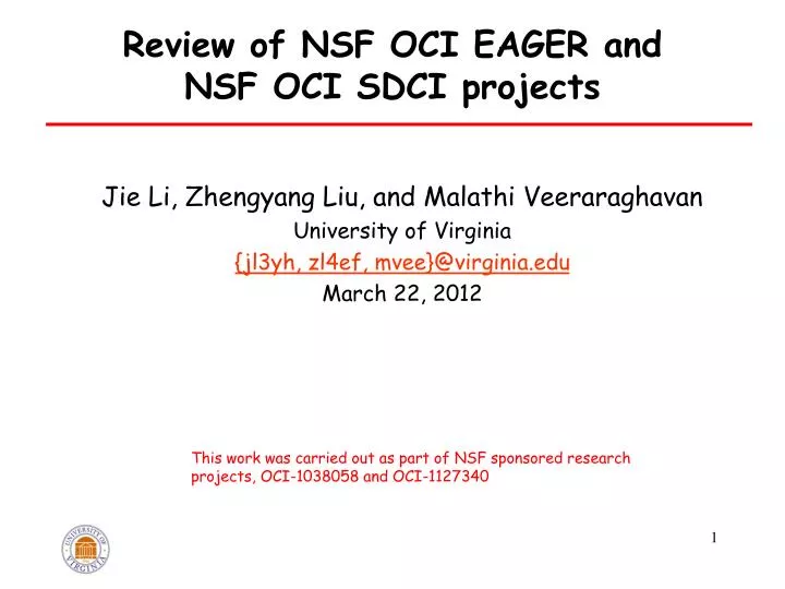 review of nsf oci eager and nsf oci sdci projects