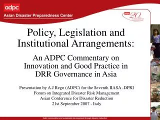 Policy, Legislation and Institutional Arrangements: