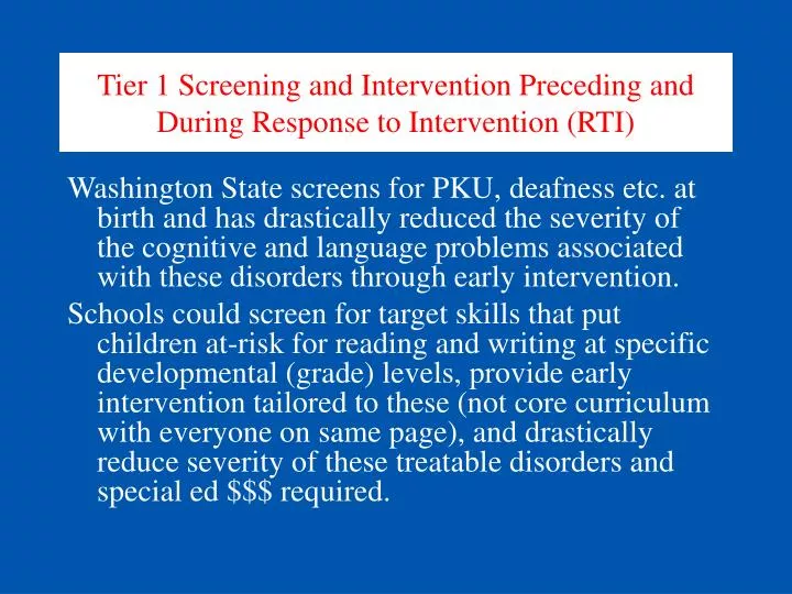 tier 1 screening and intervention preceding and during response to intervention rti