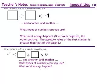 Teacher's Notes Topic: Inequals, negs, decimals