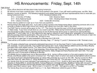 HS Announcements: Friday, Sept. 14th