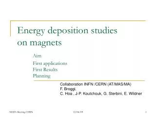 Energy deposition studies on magnets Aim 	First applications 	First Results	 	Planning