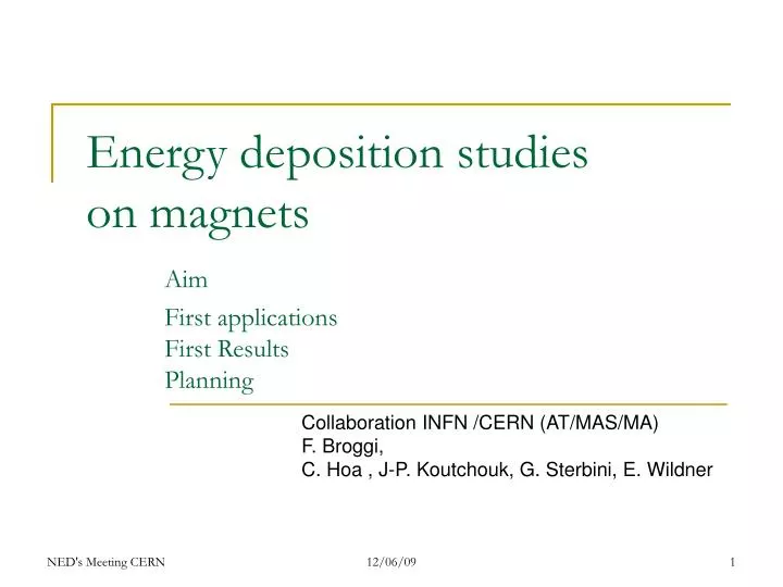 energy deposition studies on magnets aim first applications first results planning
