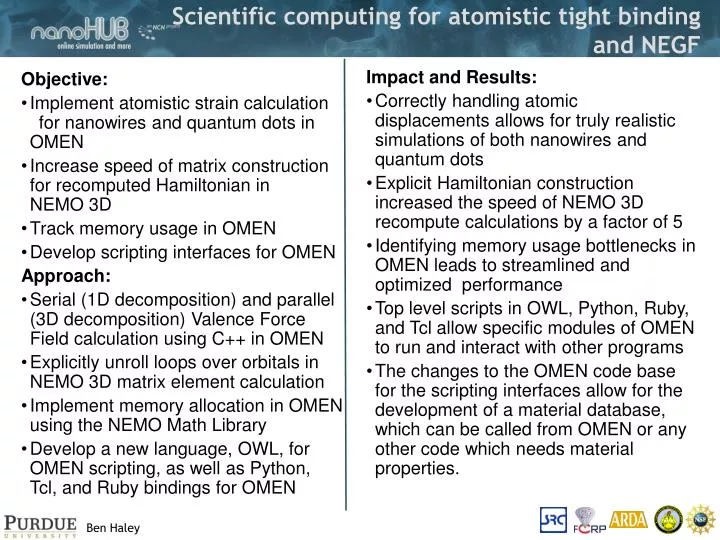 scientific computing for atomistic tight binding and negf