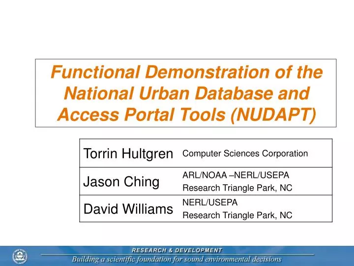 functional demonstration of the national urban database and access portal tools nudapt