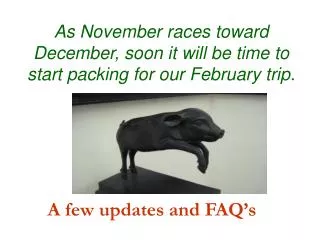 As November races toward December, soon it will be time to start packing for our February trip.