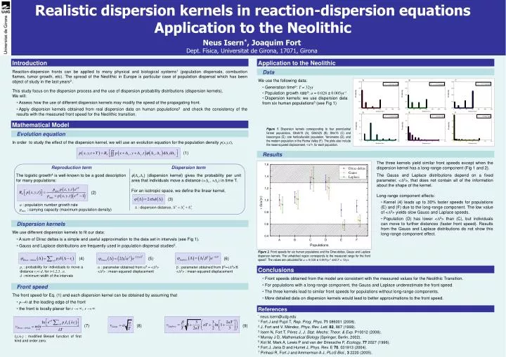 realistic dispersion kernels in reaction dispersion equations application to the neolithic