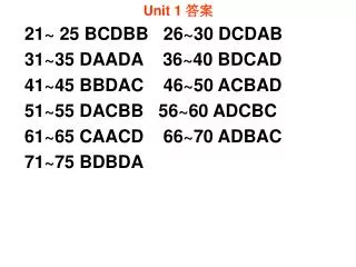 Unit 1 ?? 21~ 25 BCDBB 26~30 DCDAB 31~35 DAADA 36~40 BDCAD 41~45 BBDAC 46~50 ACBAD