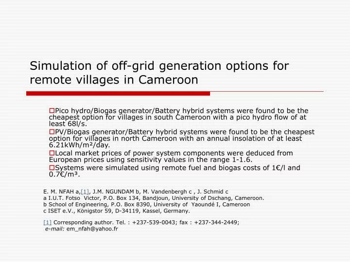 simulation of off grid generation options for remote villages in cameroon